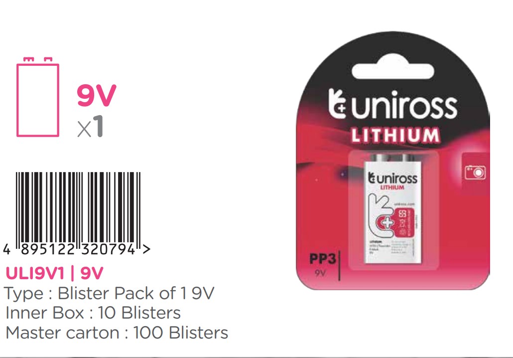 باتری کتابی 9V لیتیومی یونیروس ۱ عددی